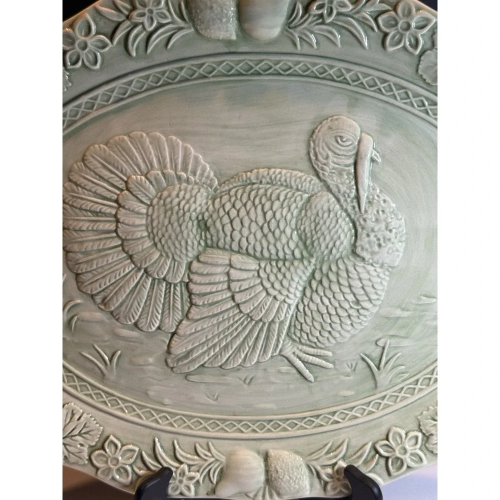 Turkey Embossed Oval Serving Platter Sage Green Portugal 19